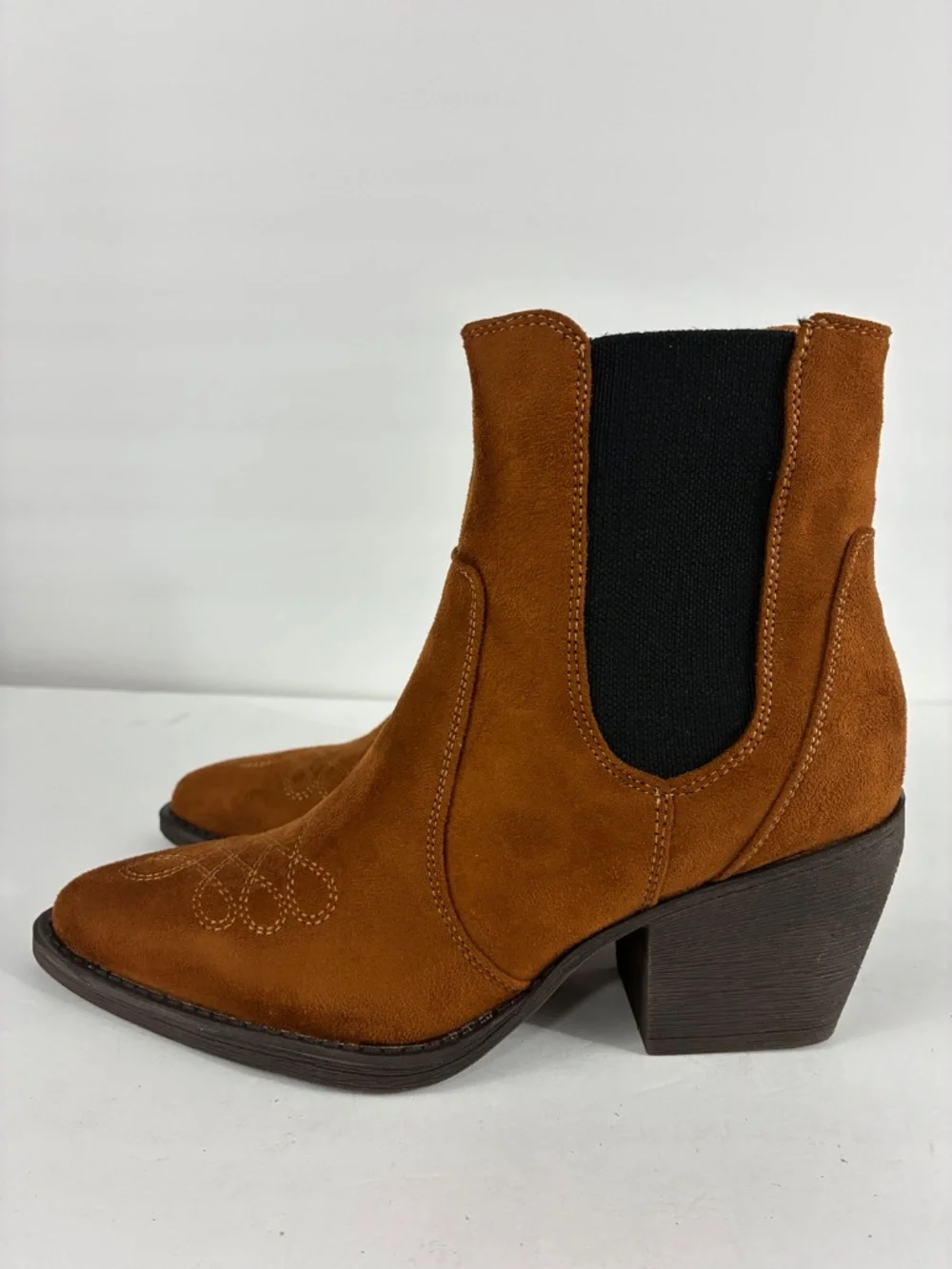 Western Embroidered Suede Boots NEW 4 Chelsea Ankle Block heel Chestnut Brown